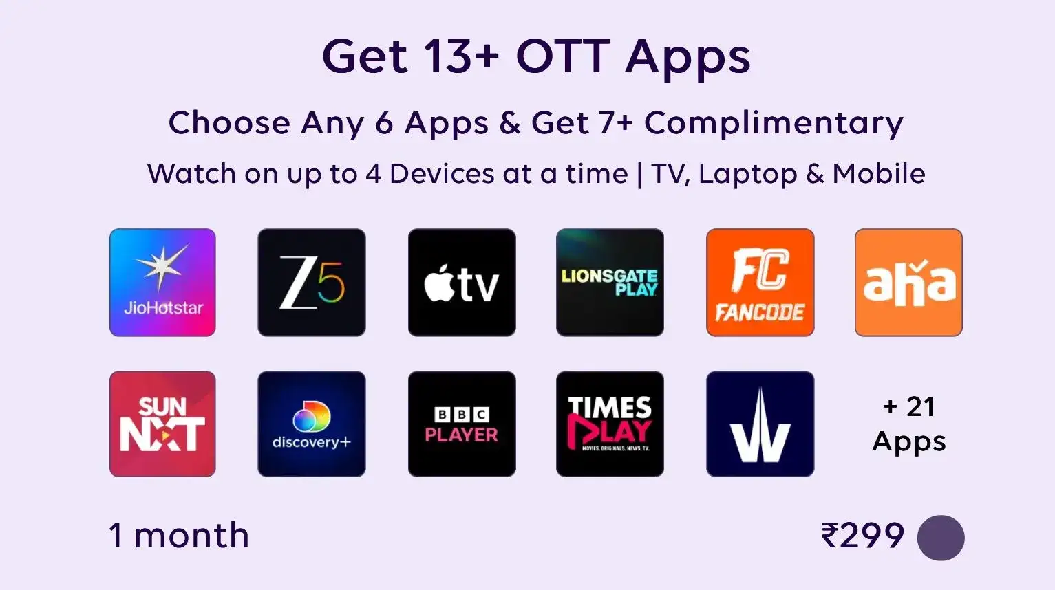 Best Balanced OTT Bundle: 13+ OTT Apps at ₹299/month